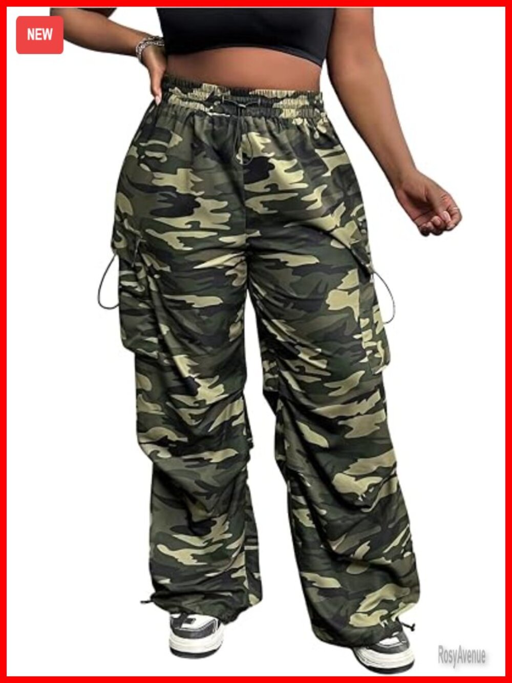 Plus Size Camo Cargo Pants Y2K Wide Leg Elastic Drawstring Waist Streetwear